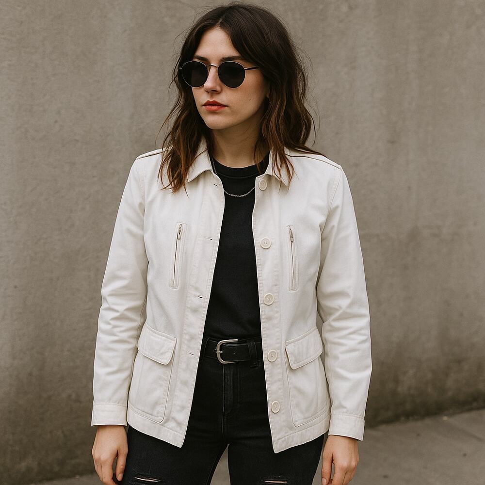 Vintage 60s White Utility Jacket Womens S Cotton Blend 4 Pocket Grunge Style